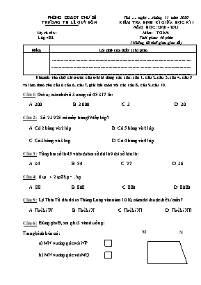 Đề kiểm tra định kì giữa học kì I môn Toán Lớp 4 (Chân trời sáng tạo) - Năm học 2020-2021